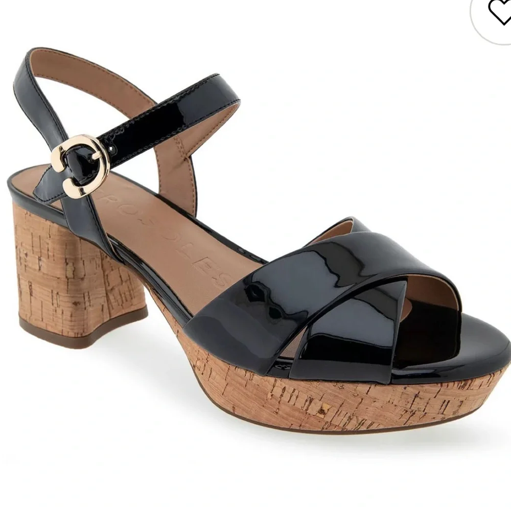 AEROSOLES Black Cosmos Platform Sandals patent faux leather NEW 7.5‎